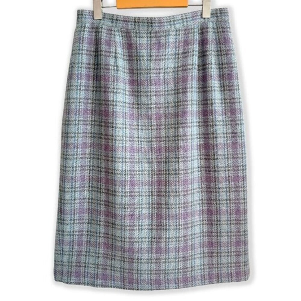 Vintage 80s Joan Leslie Plaid Midi Wool Skirt Blue Purple Tartan Retro Aesthetic